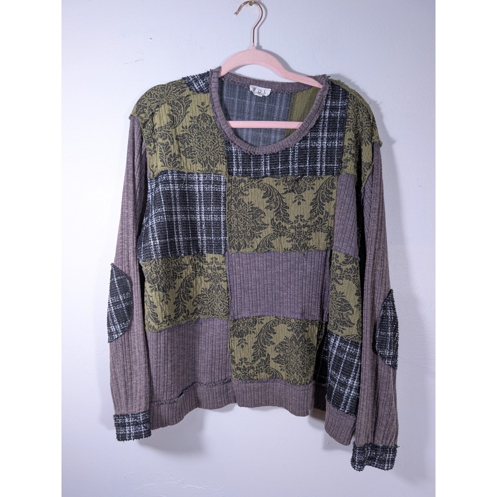 POL Green & Grey Patchwork Large Sweater Boho